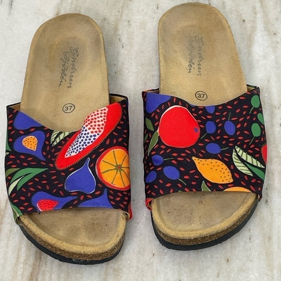 Gudrun Sjoden sandals slides fruit print sz EU 37 or 7 cork bottom Swedish - Picture 1 of 7